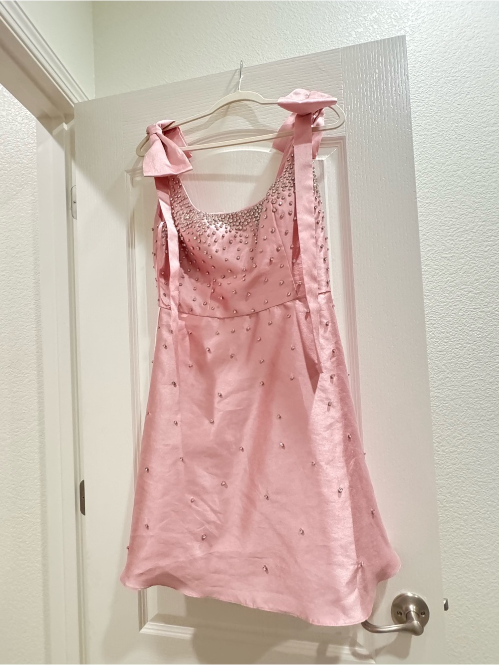 Fashion Nova Pink Satin Beaded Bow Strap Mini Dress